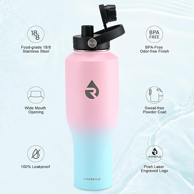 RAYMYLO 40 oz Insulated Water Bottle with Straw fit in Car Cup Holder, Triple Wall Vacuum Stainless Steel(Cold 48 hrs, Hot 24 hrs), Leakproof & Non-BPA, Hydro Travel Flask with Straw and Spout Lid