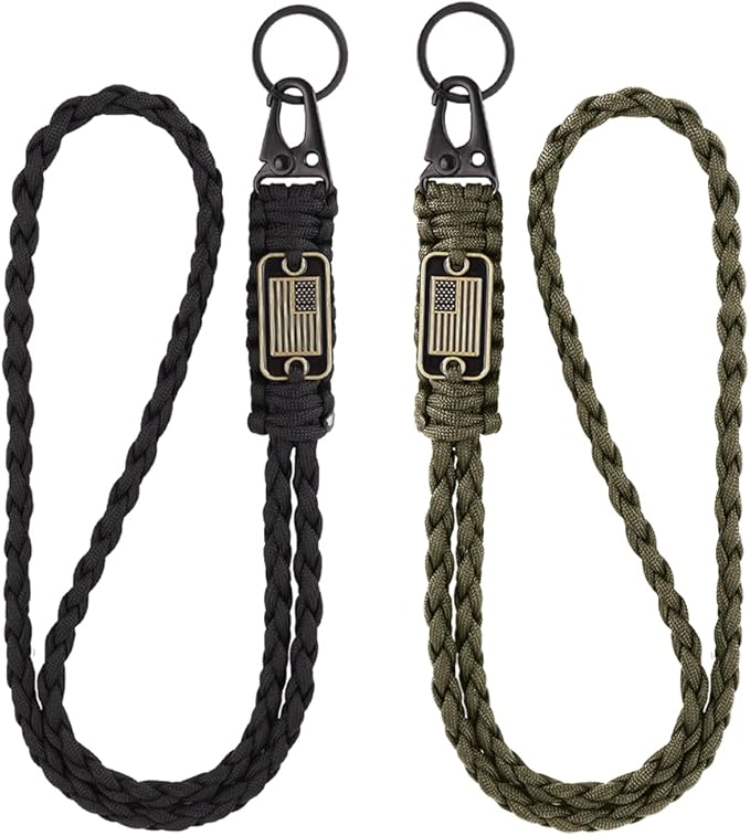 2pcs Heavy Duty Braided Paracord Lanyard Keychains with USA Flag, Parachute Rope Necklace for Outdoor Activities