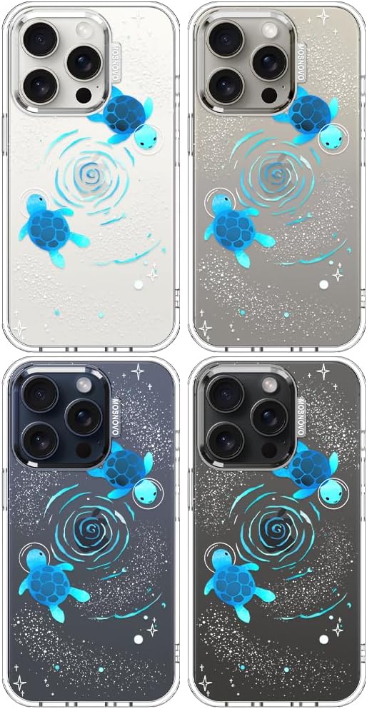 MOSNOVO Case for iPhone 15 Pro, [Buffertech 6.6ft Military-Grade Drop Protection] [Anti Peel Off Tech] Clear TPU Bumper Phone Case Cover Design - Space Turtle