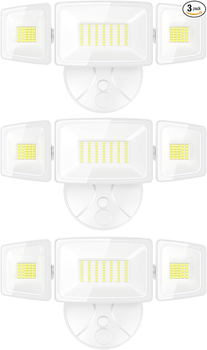 Onforu 3 Packs 75W LED Security Light, 7000LM Outdoor Flood Lights Fixture with 3 Adjustable Heads, IP65 Waterproof, 6500K White Brightness Exterior Wall Mount Security Light for Eave, Yard(White)