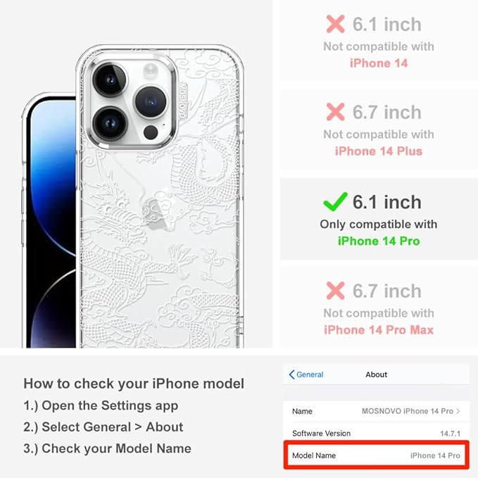 MOSNOVO Case for iPhone 14 Pro, [Buffertech 6.6ft Military-Grade Drop Protection] [Anti Peel Off Tech] Clear TPU Bumper Phone Case Cover Design - White Dragon
