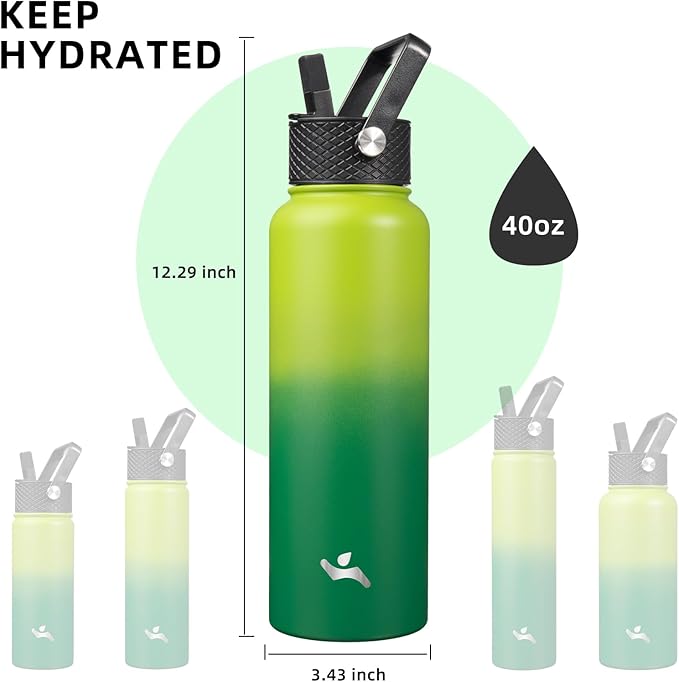 Konokyo 40oz Insulated Water Bottle Stainless Steel Sport Bottles with 3 Lids,Bamboo Grove