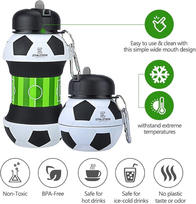 Collapsible Water Bottles with Carabiner Food Grade Sports Water Bottle for Gift Kids Folding Water Bottle for Hiking, GYM, School, Sports and Travelling 19Oz/550ml BPA Free (Soccer)