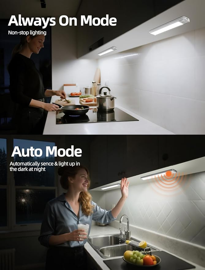 Under Cabinet Motion Sensor Lighting: 10 Inch Dimmable Rechargeable Lights Indoor - Battery Operated Lights - Undercabinet Closet Light Magnetic Led Light for Kitchen Home Bathroom Counter 3 Pack