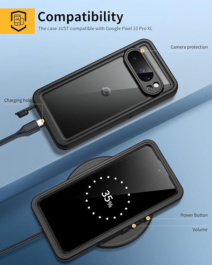 Lanhiem Pixel 10 Pro XL Case, IP68 Waterproof Dustproof Case with Built-in Screen Protector, Rugged Full Body Shockproof Protective Clear Cover for Google Pixel 10 Pro XL 6.8 Inch, Black