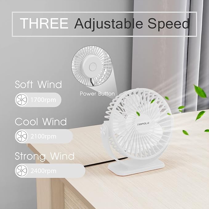 TriPole Small Desk Fan USB Powered Personal Fan 3 Speeds Strong Airflow Mini Fans 360°Rotation Portable 5.1 Inch Table Fans for Home Office Bedroom Desktop, White, 4.9ft Cable