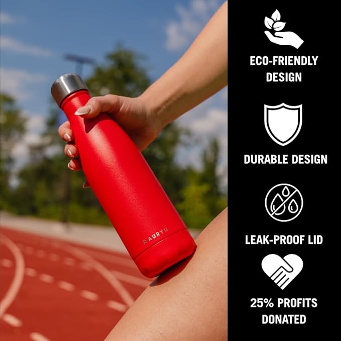 Triple-Walled Insulated Stainless Steel Water Bottle, 17oz Capacity, Keeps Drinks Cold for up to 24 Hours and Hot for up to 12 Hours, Leak Proof, BPA-Free, Red