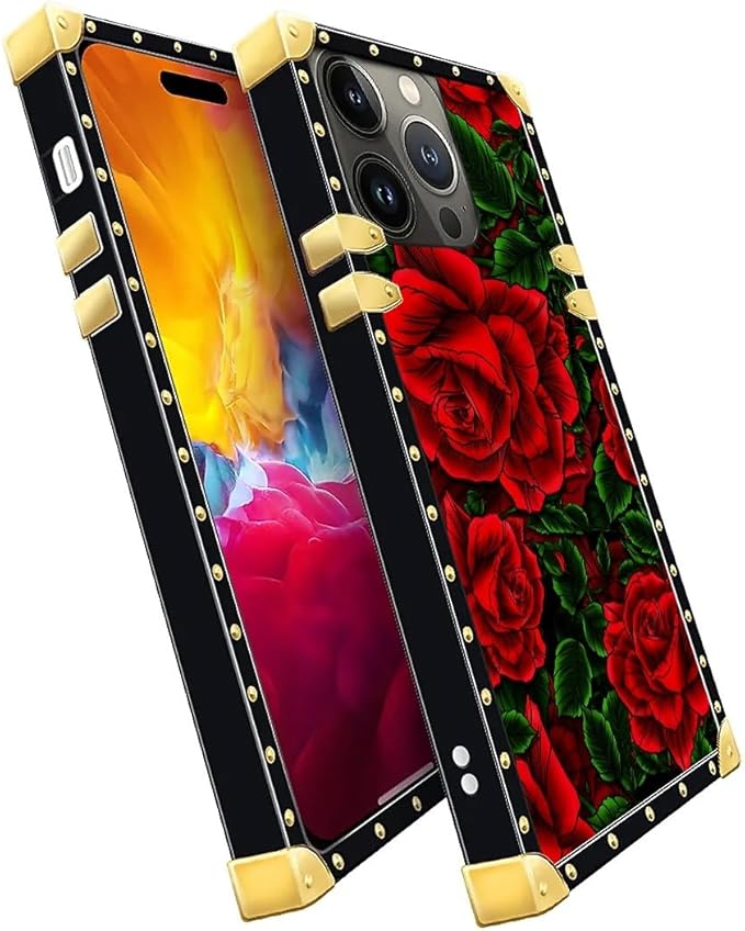 Compatible with iPhone 15 Pro Max Case, Vector Red Rose Green Leaf Luxury Golden Decoration for Girl Women Soft TPU Shockproof Protective Hard PC Back for iPhone 15 Pro Max