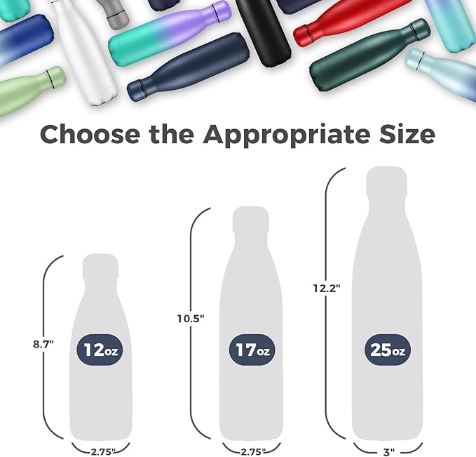 Volhoply 17oz Stainless Steel Water Bottles Bulk, Leakproof Insulated Metal Water Bottle for Sports, Travel, Adult, Available in Packs of 1, 4, or 8（Nvay,8 Pack）