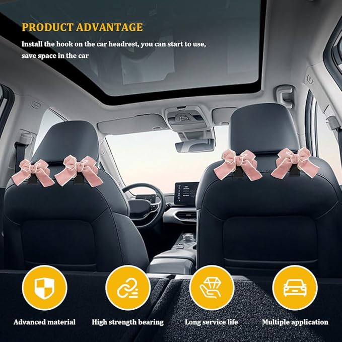2PCS Car Hooks for Purses and Bags, Cute Bow Car Seat Headrest Hook, Car Accessories Multipurpose Back Seat Hanger Storage Organize Universal for Vehicles (2PCS-Pink Bowknot)