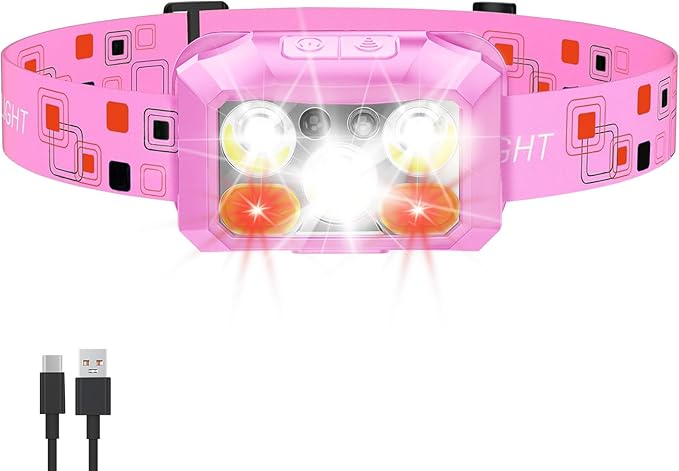 Headlamp Rechargeable LED, 800 Lumens with Red & White Light, 8 Modes, Motion Sensor, USB-C Charging, IPX4 Waterproof (1, Pink)