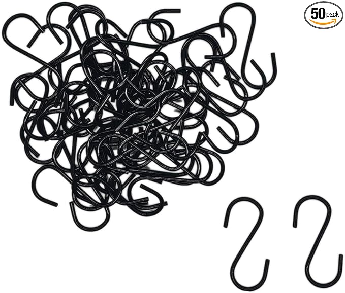 50pcs 1.7 Inch Black Iron Mini S Hooks Multipurpose Hangers for Jewelry Kitchenware and Plants