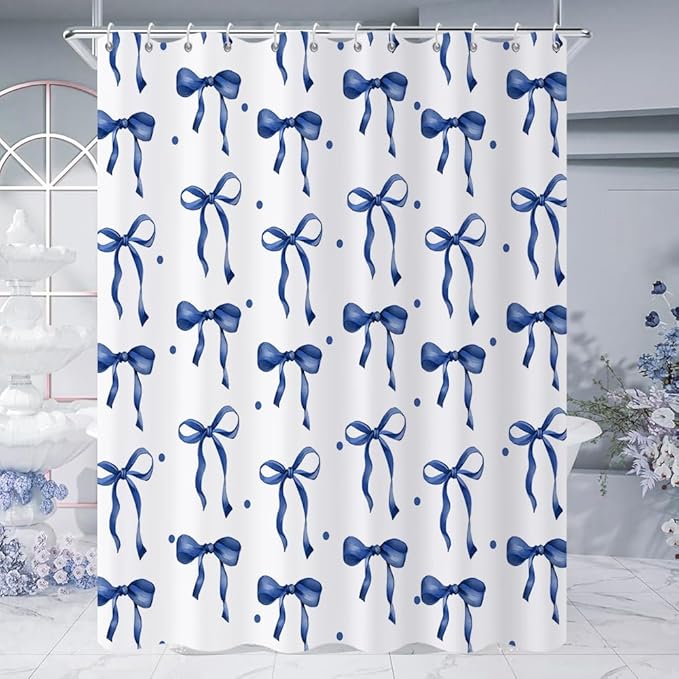 Navy Bow Shower Curtain, Navy and White Modern Aesthetic Bowknot with Polka Dot Cute Girly Bathroom Curtain Waterproof Fabric Machine Washable with Hooks, 72" Wx84 L