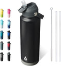 BJPKPK Insulated Water Bottle with Straw Lid, 40oz Large Thermo, BPA Free Leak Proof Stainless Steel Metal Water Bottles, Tumblers, Cups, Flasks for Travel, Sports,Black