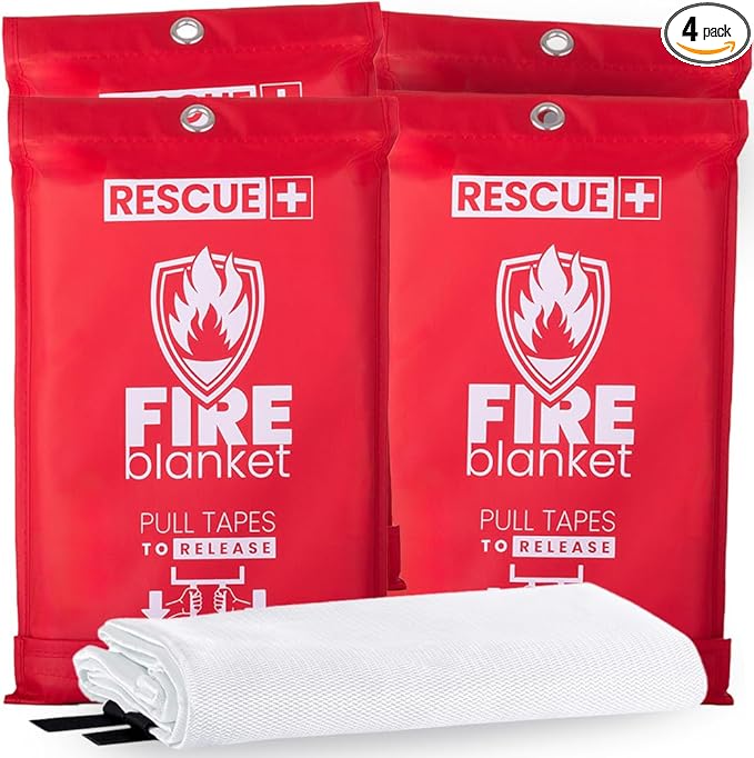 Rescue+ Emergency Fire Blanket for Home, Kitchen, Workplace & Travel, 40” x 40” Fiberglass Flame Retardant Safety Blanket, Fire Suppression for House, Camping, Car Emergencies - Pack of 4
