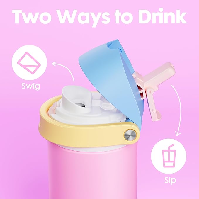 18 oz Insulated Water Bottle for Kids: Meoky Metal Water Bottle with 2-in-1 Straw and Spout Lid - Leak Proof, Cold for 24 Hours, Fits in Car Cup Holder for Girls School Sports, Fruit Punch