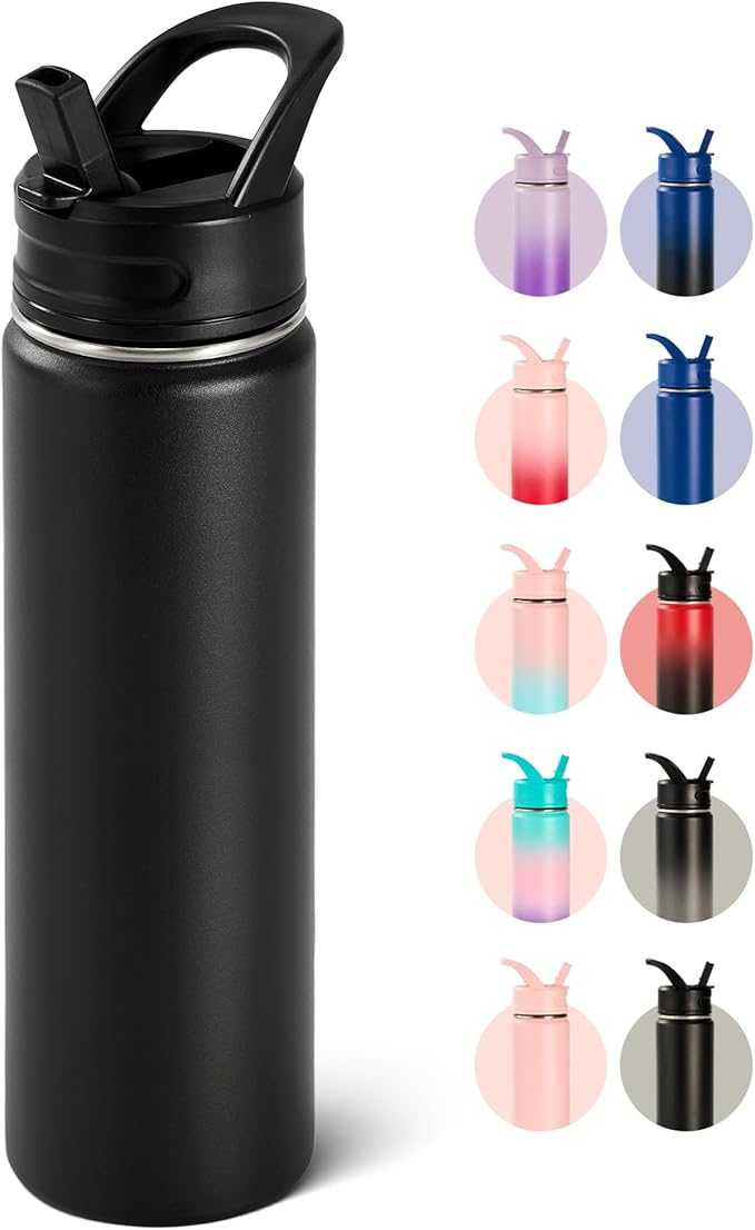 Fijinhom 24oz Insulated Stainless Steel Water Bottle with Straws, Double Wall Vacuum Insulated Bottles, Metal Thermo for Travel, Sports, Leak-Proof, BPA Free, Women & Men, Black