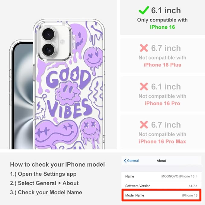 MOSNOVO Case for iPhone 16, [Buffertech 6.6ft Military-Grade Drop Protection] [Anti Peel Off Tech] Clear TPU Bumper Phone Case Cover Design - Good Vibes