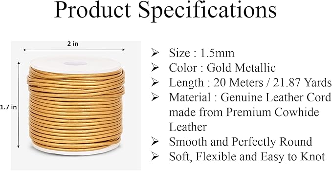 GENIQUE Real/Genuine Round Leather String Cord for Necklace, Bracelets, Jewelry, Kumihimo Braiding, DIY Projects (20 Metres) (1.5mm, Gold Metallic)