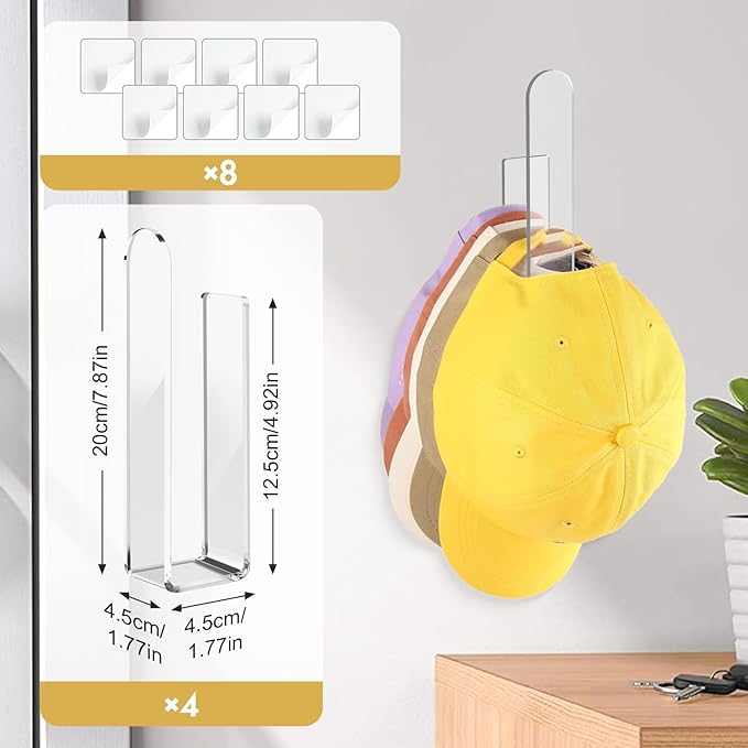 2 Pack Hat Rack for Baseball Cap,Adhesive Hat Hooks for Wall,Acrylic Hat Organizer,Sticky Clear Hat Hooks Display and Storage for Wall/Door/Closet