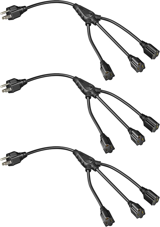 DEWENWILS Extension Cord Splitter 1 to 3, 18 Inch 16/3 Heavy Duty SJTW Wire, 3 Prong Power Splitter for Halloween Decor Lights, ETL Listed, Black, Pack of 3
