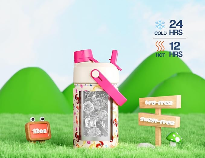 12 oz Kids Insulated Mermaid Water Bottle for School: 2-in-1 Straw Spout Lid, Leakproof, BPA-Free, Keep Cold 24H, Reusable Stainless Steel Cup, Birthday Gift for Girls Daughters (Coral Princess)