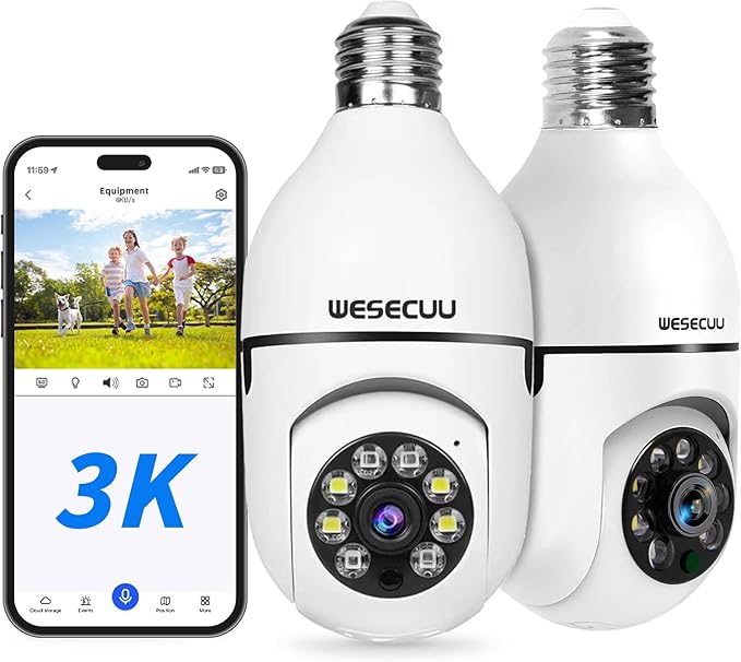 WESECUU 3K Light Bulb Security Camera -5G& 2.4GHz WiFi Security Cameras Wireless Outdoor Motion Detection and Alarm,Two-Way Talk,Color Night Vision,Human Detection, 500MP Ultra HD
