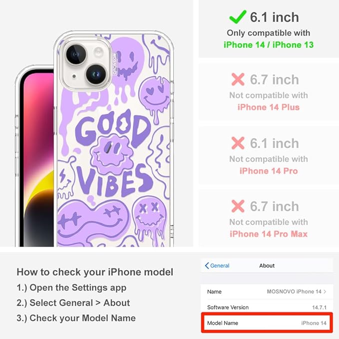 MOSNOVO for iPhone 13/14 Case | Military Grade 6.6ft Drop Tested | Clear with Good Vibes Design