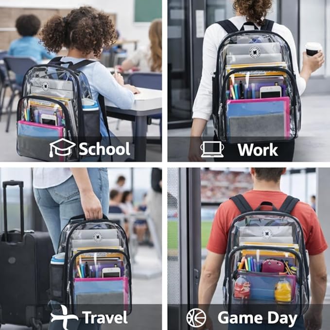 K-Cliffs Large Transparent Backpack Clear Heavy Duty School Bag Durable Student Bookbag See Through Vinyl Daypack Workbag