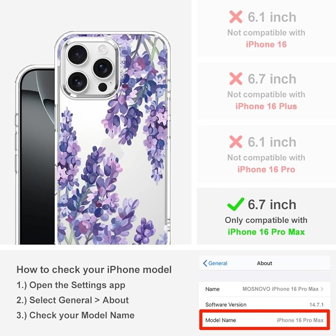 MOSNOVO Case for iPhone 16 Pro Max, [Buffertech 6.6ft Military-Grade Drop Protection] [Anti Peel Off Tech] Clear TPU Bumper Phone Case Cover Design - Lavender