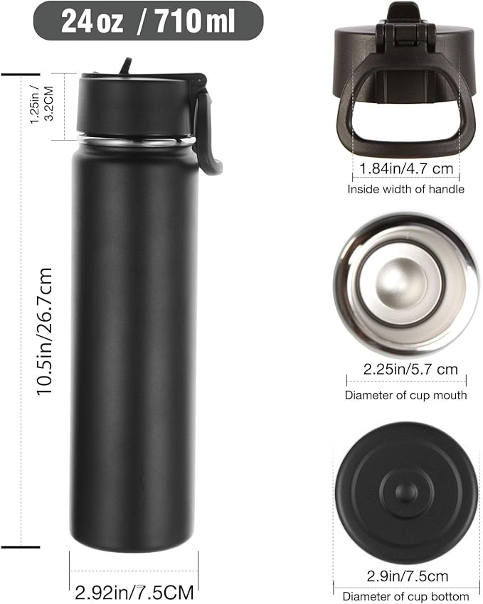 Volhoply 24oz Insulated Water Bottle With Straw Bulk 3 Pack,Metal Wide Mouth Water Bottles With Handle Lid Keep Cold,Reusable Double Wall Cups,Powder Coated Sport Bottle For Holder(Mix,3 Count)