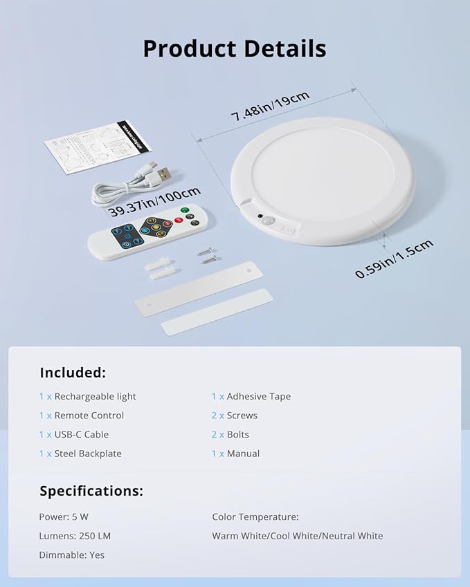 Combuh Battery Operated Shower Light Waterproof Inside, Rechargeable Motion Sensor Ceiling Lights Battery Powered with Remote, No Wiring Magnetic Cordless LED Overhead Lighting for Closet Hallway