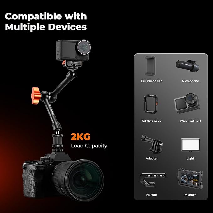K&F CONCEPT 9.8" Magic Arm Clamp with Cold Shoes 360° Ball Heads Camera Arm Mount for Monitor/Flash/Microphone/DSLR Camera