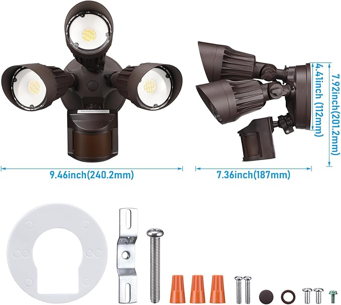 LEONLITE 3CCT LED Security Light Motion Sensor, Aluminum Flood Lights Outdoor, 3 Modes Motion Detector+Dusk to Dawn+Switch Control, 3000K/4000K/5000K Selectable, IP65, Adjustable 3-Head, ETL, Bronze