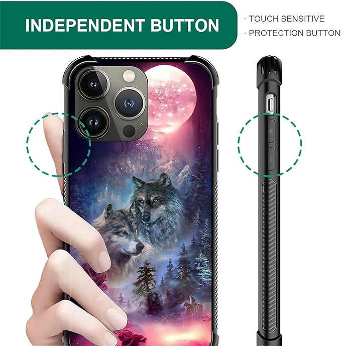for iPhone 13 Pro Max Case, Star Two Wolfs Howling Pattern Graphic Design Girl Boy Soft Silicone Hard Acrylic Shock Protection for iPhone 13 Pro Max