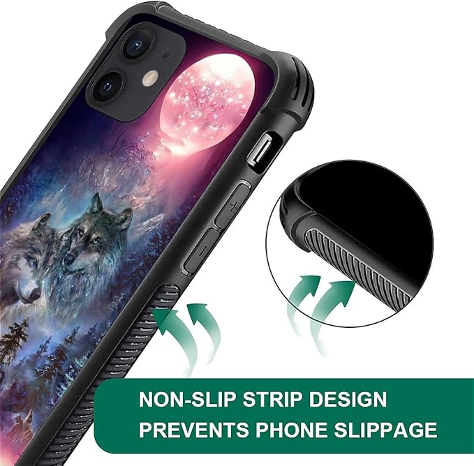 for iPhone 12 Mini Case, Star Two Wolfs Howling Pattern Graphic Design Girl Boy Soft Silicone Hard Acrylic Shock Protection for iPhone 12 Mini
