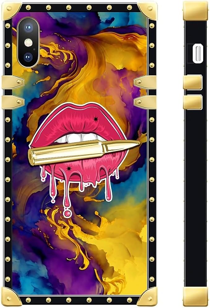 Compatible with iPhone XR Case, Cool Corlorful Lip Marble Luxury Golden Decoration for Girl Women Soft TPU Shockproof Protective Hard PC Back for iPhone XR