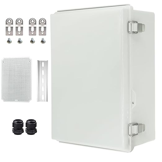 Waterproof Electrical Box with Mounting Plate, IP67 Junction Box Stainless Steel Latch Hinged Grey Cover Project Enclosure with Wall Bracket and 2 Glands 14" x 10" x 6"