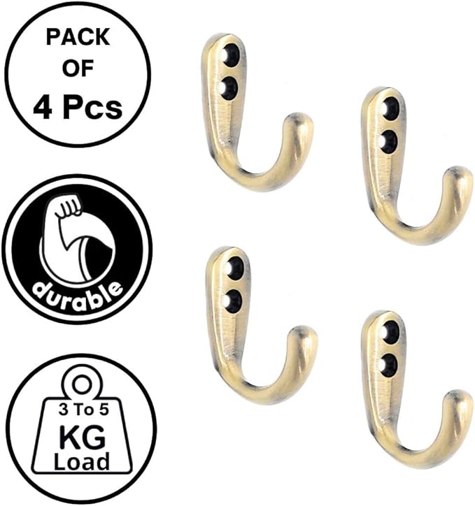FAPBADRI Multipurpose Hooks, Used to Hang Clothes, Bags, Coats, Curtain Hold Backs, Keys, Antique Gold Colour, Material - White Metal, Screws and Wallplugs Included, Pack of 4 Pieces