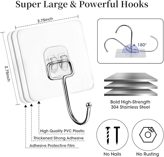20 PCS Heavy Duty Adhesive Hooks, 33 lb Load - Bearing, Waterproof & Reusable, Ideal for Kitchen, Bathroom, Office & Home Organization