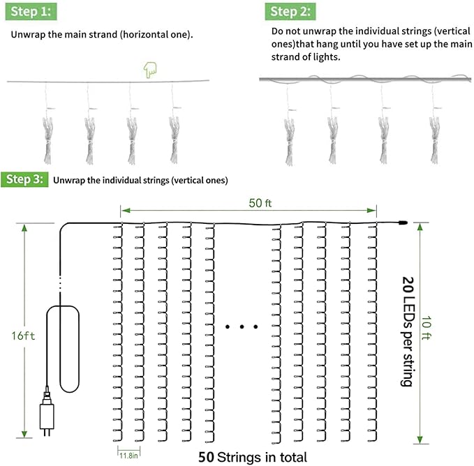 Solhice LED Curtain Lights Outdoor 50ft x10ft, 1000 LED Plug in Hanging String Lights Indoor Bedroom, Twinkle Light Backdrop for Outside Wedding Decor, Warm White (Not Connectable)