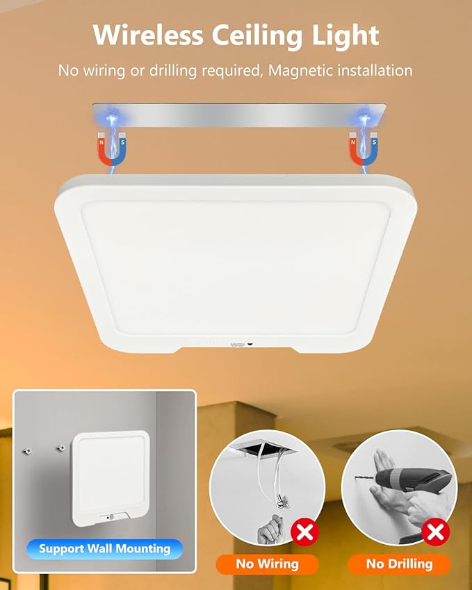 2 Pack Rechargeable Motion Sensor Ceiling Lights with Remote, Dimmable Magnetic Mount Closet Light, 7000mAh Battery Operated LED Shower Light, 3 Color Temperatures for Bathroom, Stairs, Hallway,Garage