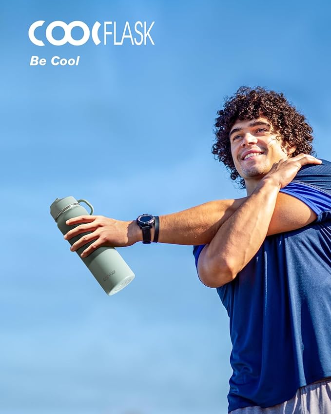 Coolflask Water Bottle 24 oz Insulated with Straw, Stainless Steel Metal 3 Lids Water Flask Wide Mouth for Sports or Office, Non-BPA Keep Cold Up to 48 Hrs or Hot Up to 24 Hrs, Grey Green