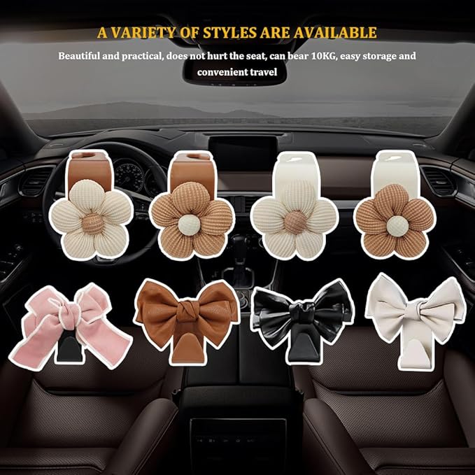 4PCS Car Hooks for Purses and Bags, Flower Car Headrest Hook, Car Purse Hook Hanger, Car Accessories Multipurpose Back Seat Hanger Storage Organize Universal for Most Cars (4PCS-White Flower)