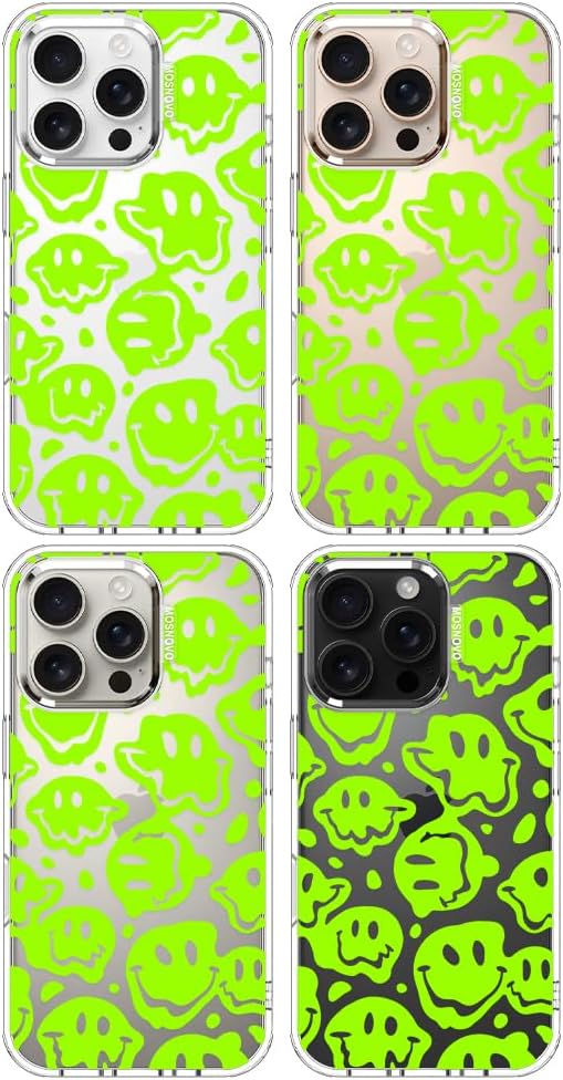 MOSNOVO Case for iPhone 16 Pro, [Buffertech 6.6ft Military-Grade Drop Protection] [Anti Peel Off Tech] Clear TPU Bumper Phone Case Cover Design - Distorted Green Smiles Face