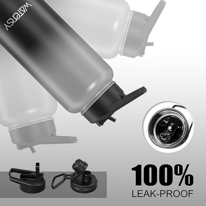32oz Insulated Water Bottle (Cold for 48 Hrs),BPA Free&Leak Proof,Stainless Steel Water Flask,Water Jug with Straw Spout Lids for Gym,Hiking,Travel,Grey Black