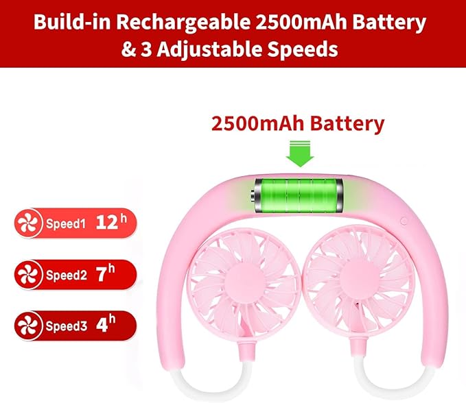Portable Neck Fan Rechargeable Personal Hand-Free Fan Mini USB Wearable Neckband Sport Fan, 3 Speed Adjustable, 360 Degrees Free Rotation Perfect for Working, Traveling, Office, Reading (Pink)