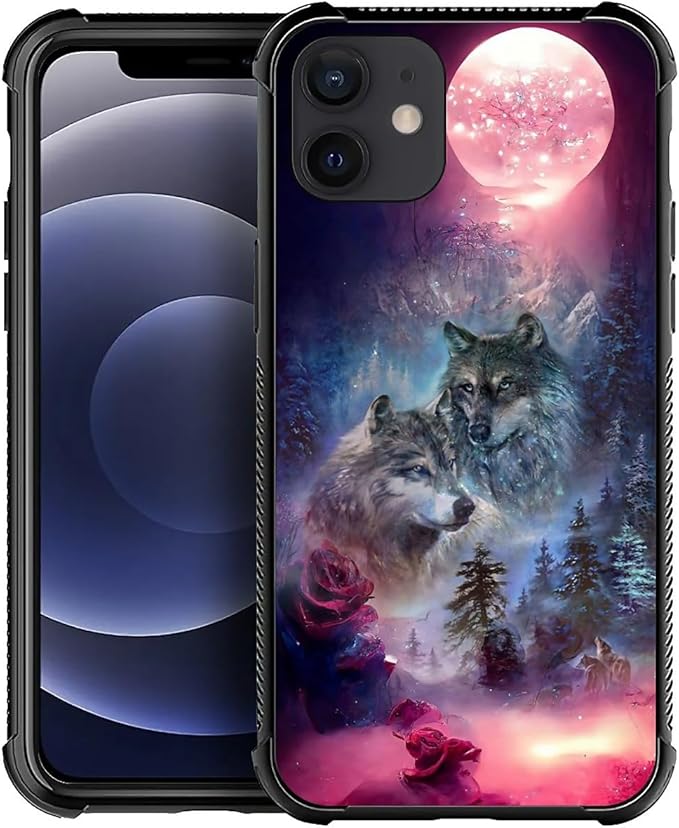 for iPhone 12/12 Pro Case, Star Two Wolfs Howling Pattern Graphic Design Girl Boy Soft Silicone Hard Acrylic Shock Protection for iPhone 12/12 Pro