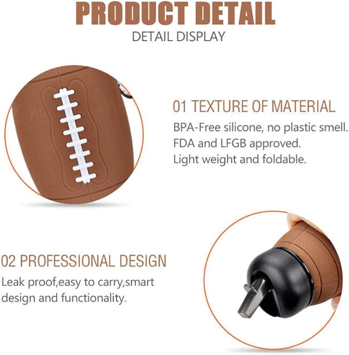 Clip-On Collapsible BPA-Free Silicone American Football Water Bottle for Kids, 20 Oz. Size
