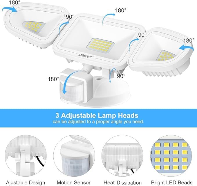 MEIKEE 42W LED Security Lights Motion Sensor Light Outdoor Flood Light, 3600LM 6500K IP66 Waterproof, 3 Adjustable Heads Motion Detector Lights for Outside Garage Yard Garden Porch Entryways